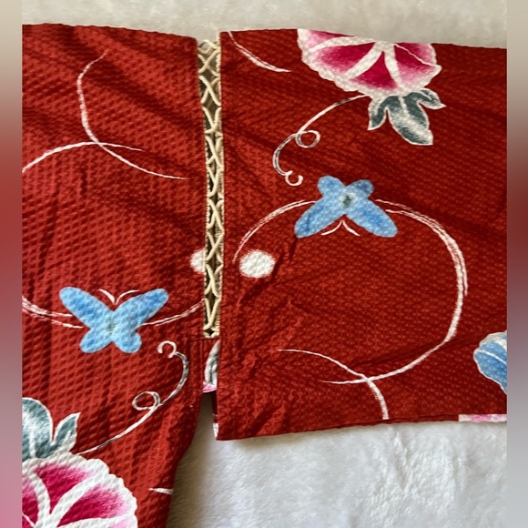 Vintage Brick Red Floral Kimono Jacket M/L 100% Cotton - Picture 10 of 15